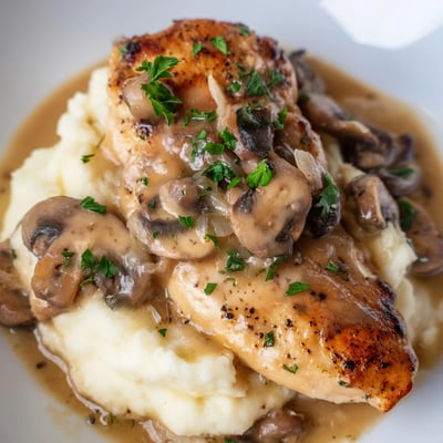 Saftige Chicken Marsala mit Pilzen und Petersilie auf Tellern mit Nudeln und grünem Salat.
