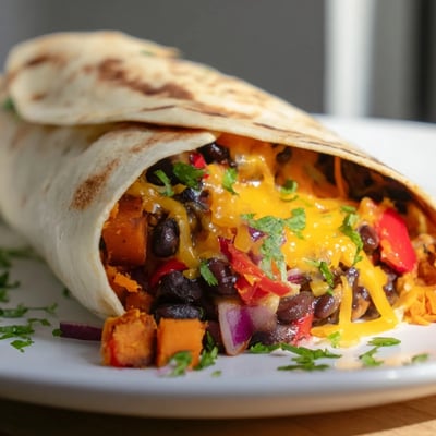 Mehrere goldbraune, geröstete Süßkartoffel- und schwarze Bohnen-Burritos mit Käse auf einem rustikalen Holztisch serviert.