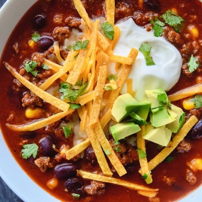Steaming bowl of Beef Enchilada Soup with Crunchy Tortilla Strips, garnished with diced avocado, sour cream, and lime wedges.