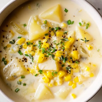 A ladle serving Creamy Corn and Potato Chowder with Fresh Herbs alongside crusty artisan bread.