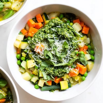 Die Frühlingsgemüsesuppe mit Pesto duftet frisch nach Basilikum und wird mit knusprigem Brot serviert.