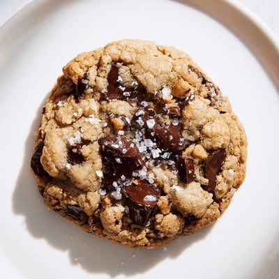 Nahaufnahme von Chocolate Chip Cookies with Sea Salt, mit flüssigem Schokoladenstückchen und funkelnden Salzkristallen auf der Oberfläche.
