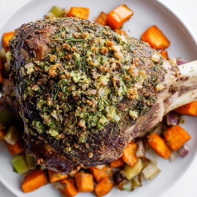 Succulentes Roasted Lamb Shoulder with Fresh Herbs liegt goldbraun auf einem Holztisch, umgeben von knusprigen Karotten und Zwiebeln.  