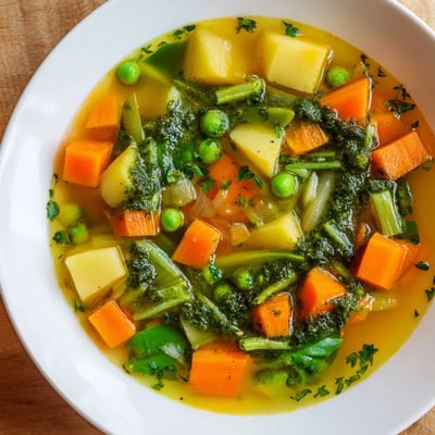 A spoon swirls basil pesto into a warm bowl of Spring Vegetable Soup with Pesto Swirl next to crusty bread.