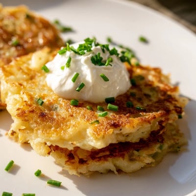 Ein Teller Irish Boxty mit Sauerrahm und Schnittlauch, warm und luftig serviert.