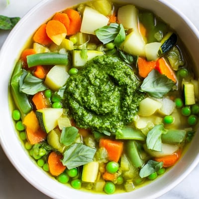 Eine dampfende Schüssel Frühlingsgemüsesuppe mit Pesto und knackigen grünen Bohnen.
