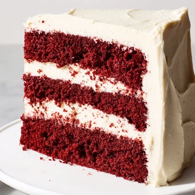 Luscious red velvet cake recipe slice revealing tender red crumbs topped with fluffy white frosting