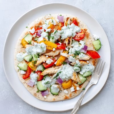 Warmes Fladenbrot gefüllt mit gewürztem Hähnchen von der Blech, buntem Gemüse und frischer Kräutersauce