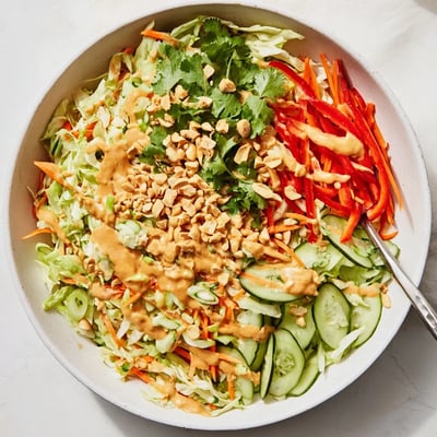 Bunter Thai-Salat mit Kohl und Karotten, übergossen mit aromatischer Erdnussdressing
