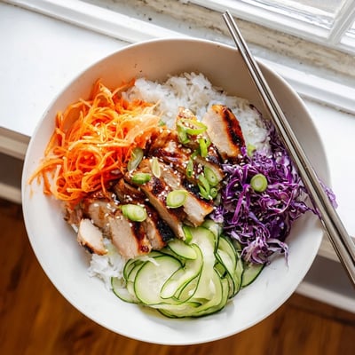 Koreanische BBQ Chicken Bowl mit saftigem Hähnchen, frischem Kohl und Sesam bestreut